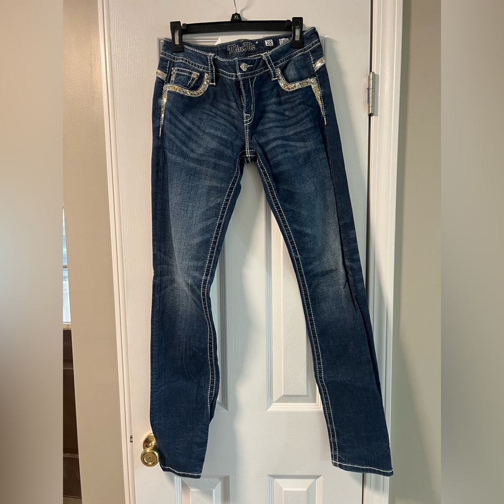 Miss Me Dark Blue Boot Cut Jeans with Gold Accents